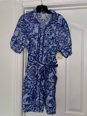 LEA BLUE TILE PRINT SHIRT DRESS SZ LARGE NWT